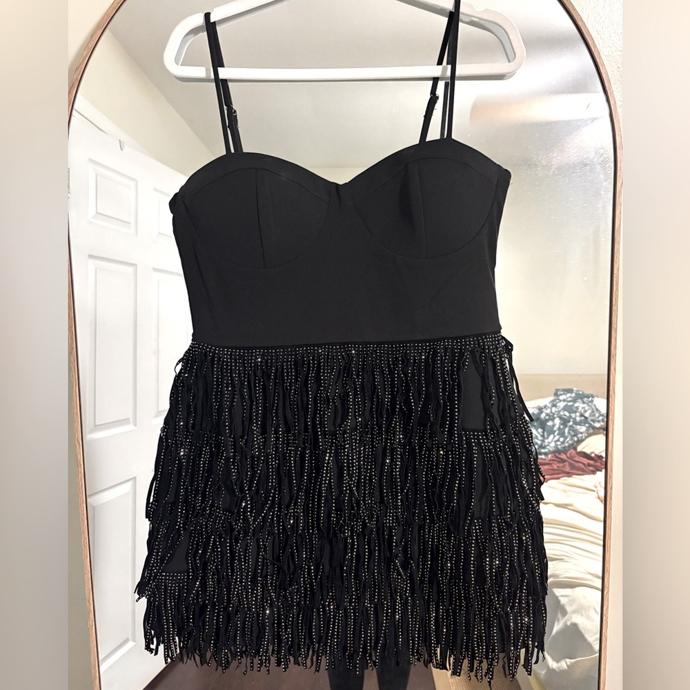Francesca’s black rhinestone fringe dress Nashville NYE Fun Bachelorette